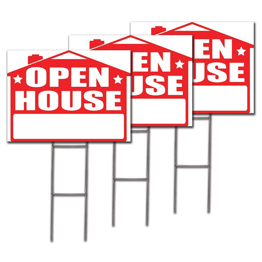Open House 3-Pack Yard Sign - 18X24" with Stakes and 6 Directional Arrows - Fast Free Shipping!
