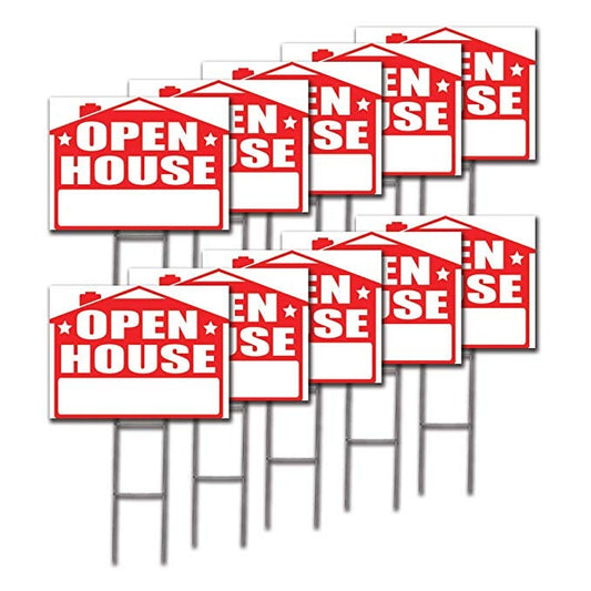 Open House 10-Pack Yard Sign - 18X24" with Stakes and 10 Directional Arrows - Fast Free Shipping!